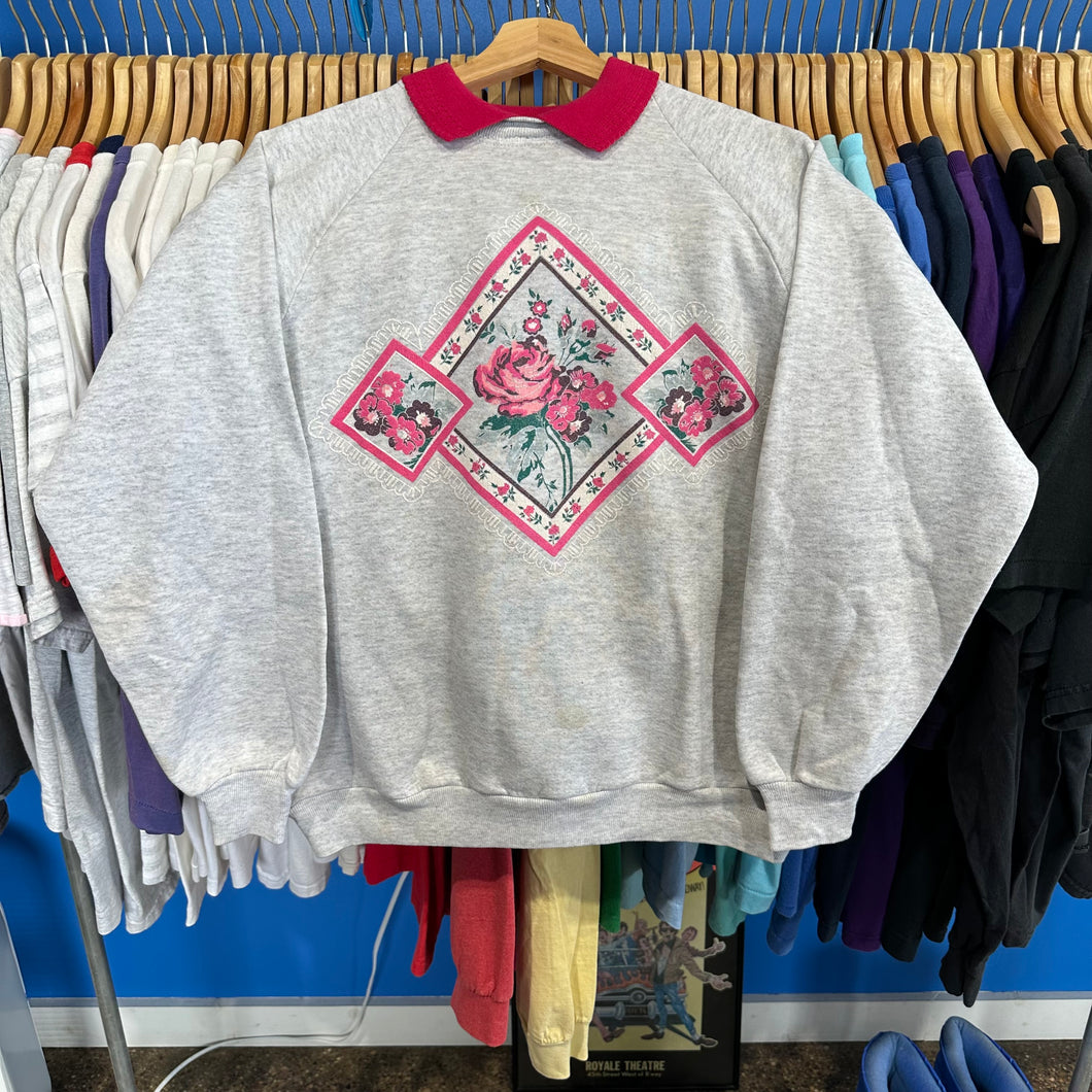 Pink Flowers Double Collared Crewneck Sweatshirt